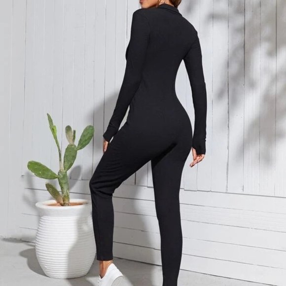 BNWT | CHICME Black Front Zip Up Ribbed Jumpsuit - Picture 4 of 14